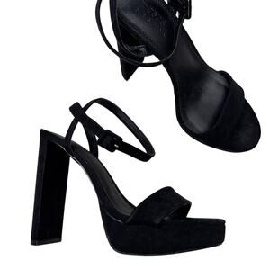 ASOS Black Suede Leather Strappy Chunky Heels Womens 8 Peep Toe Classic Preppy